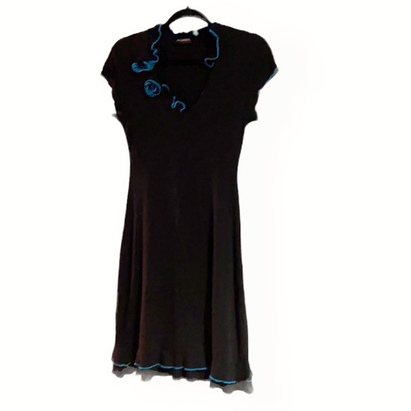 LUC FONTAINE Designer Black Dress!!! Turquoise Roses & Trim!!! - Picture 4 of 11